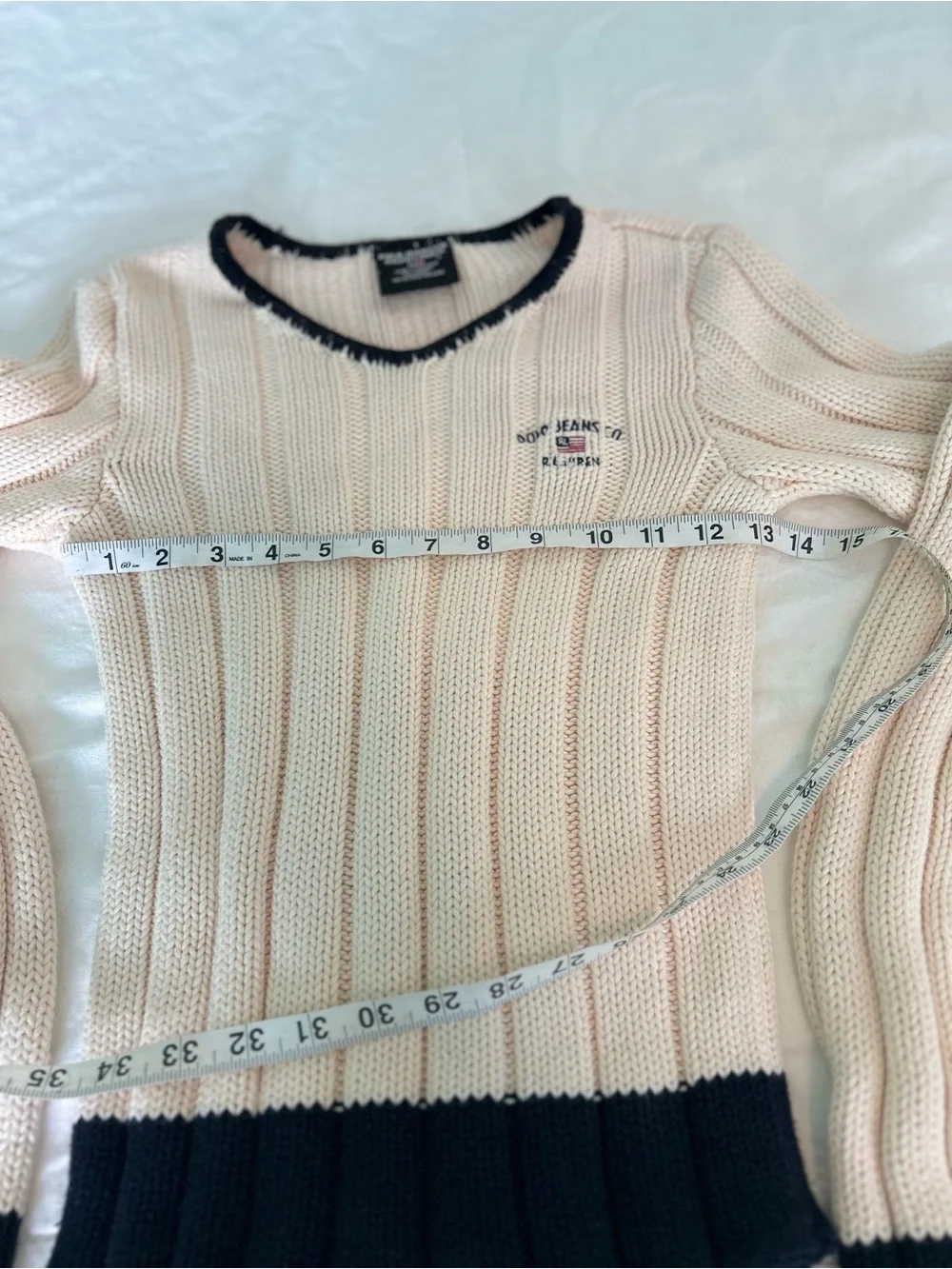 VTG Y2K Polo Jeans Co Ralph Lauren Flag Knit Sweater Cream Navy Blue Trim Small - Picture 8 of 8